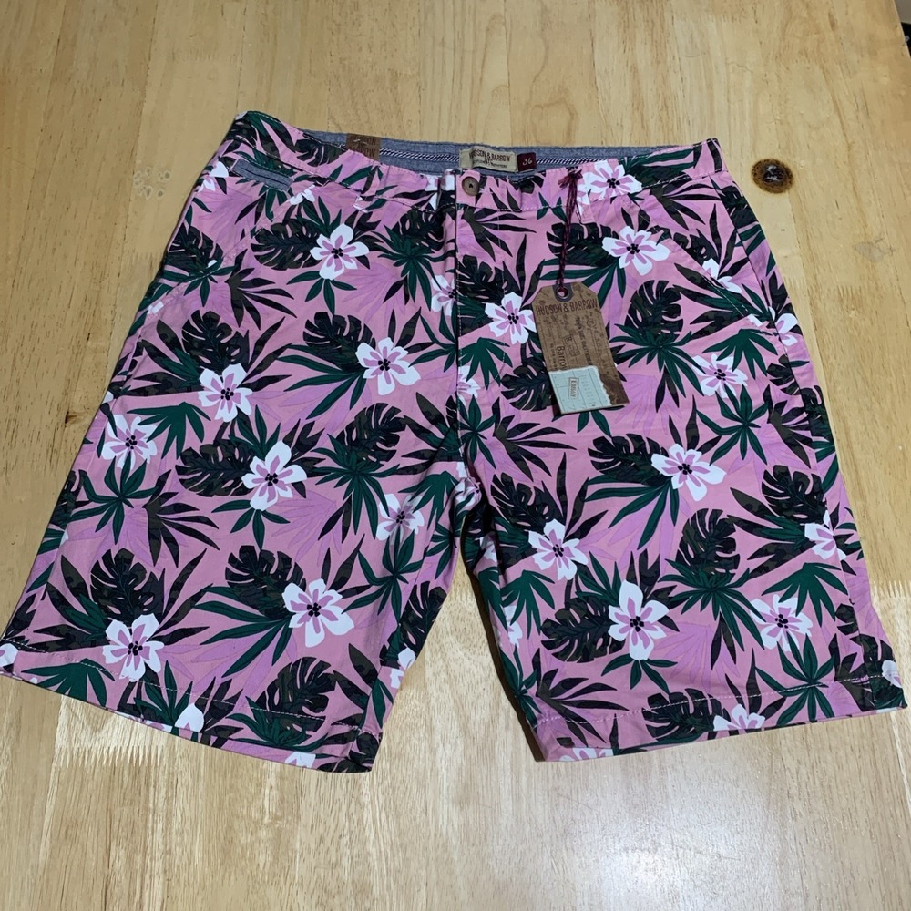 Hudson & Barrow Mens 36 Pink Tropical Hawaiian Floral Camo Denim Shorts NWT $50